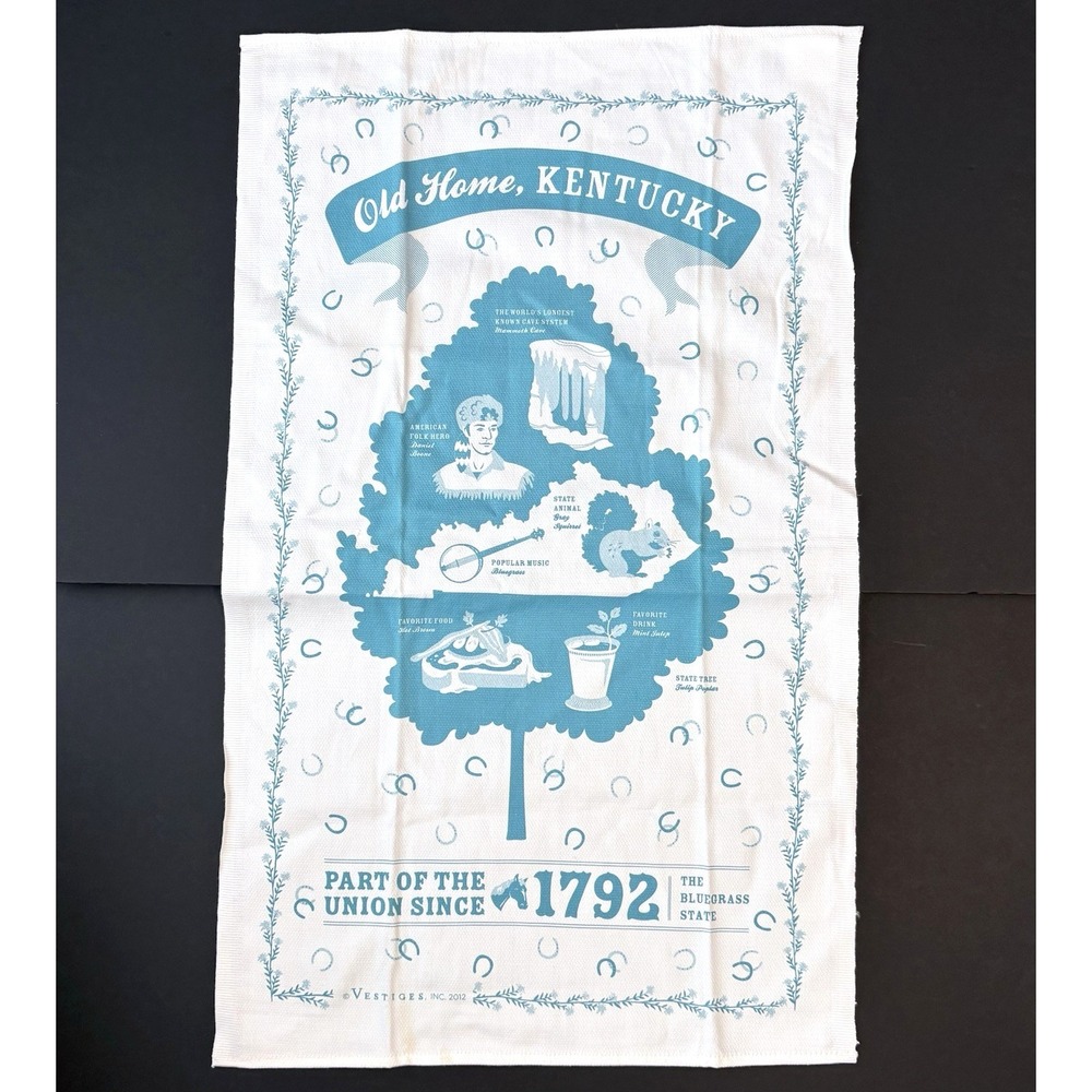 Vestiges Kentucky KY Kitchen Tea Kitchen Towel Teal White 100% Cotton Mint Julep